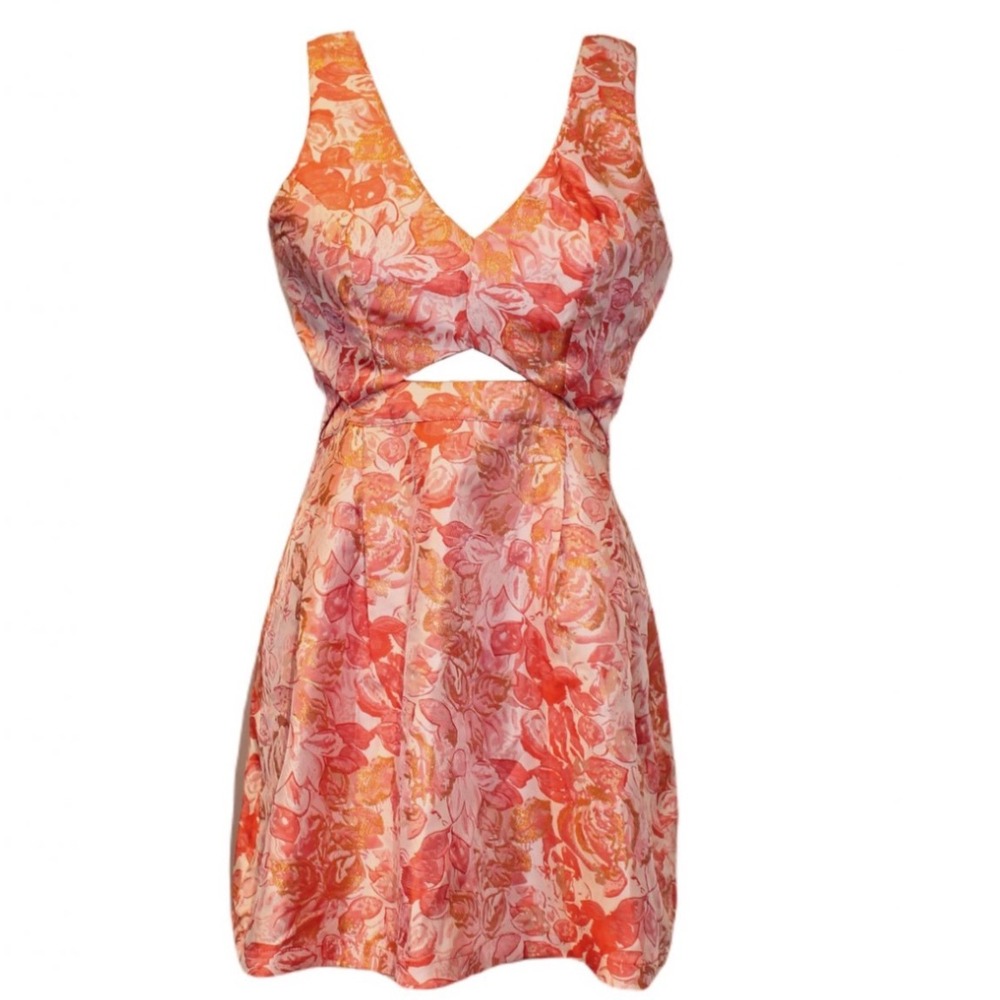 San Souci‎ Pink Gold Metalic Floral Cutout Brocade Dress S